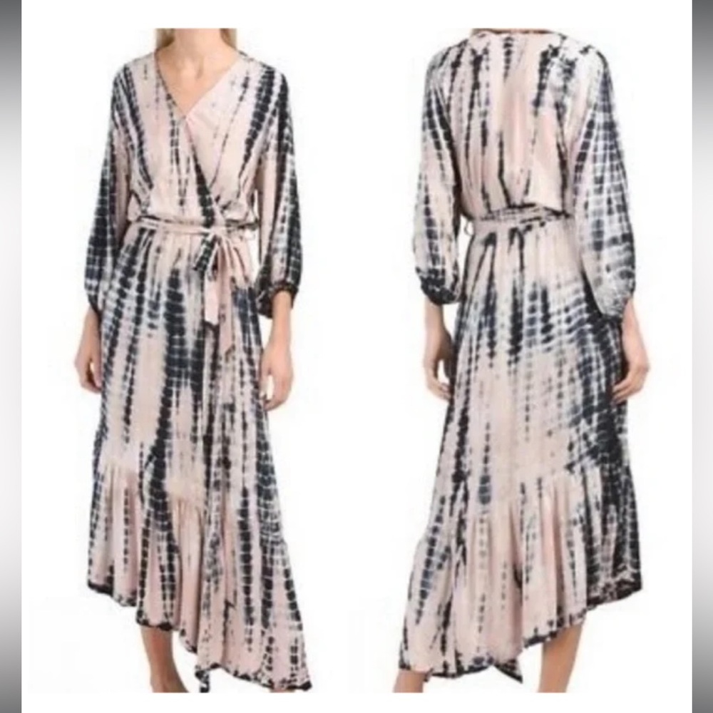 Young, Fabulous & Broke Jillian Tie-Dye Dress Balloon Sleeves Faux Wrap Large